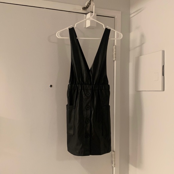 Women's Black Faux Leather Dungaree Dress - Picture 1 of 6